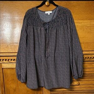 Weekend by Suzanne Betro Smocked-Yoke Long Sleeve Blouse Tie Neck Leaf Pattern